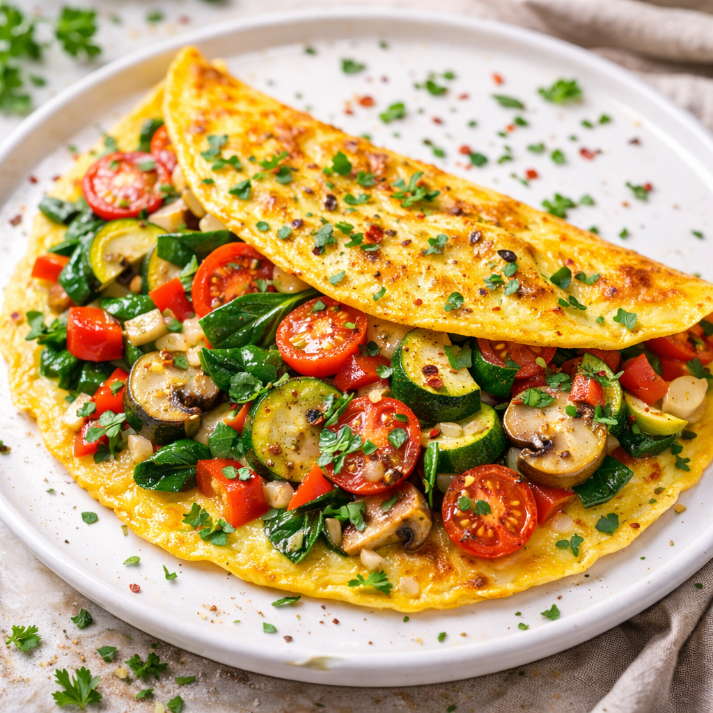 Omelette mit frischem Gemüse in der Pfanne serviert, leicht gebräunt und saftig.