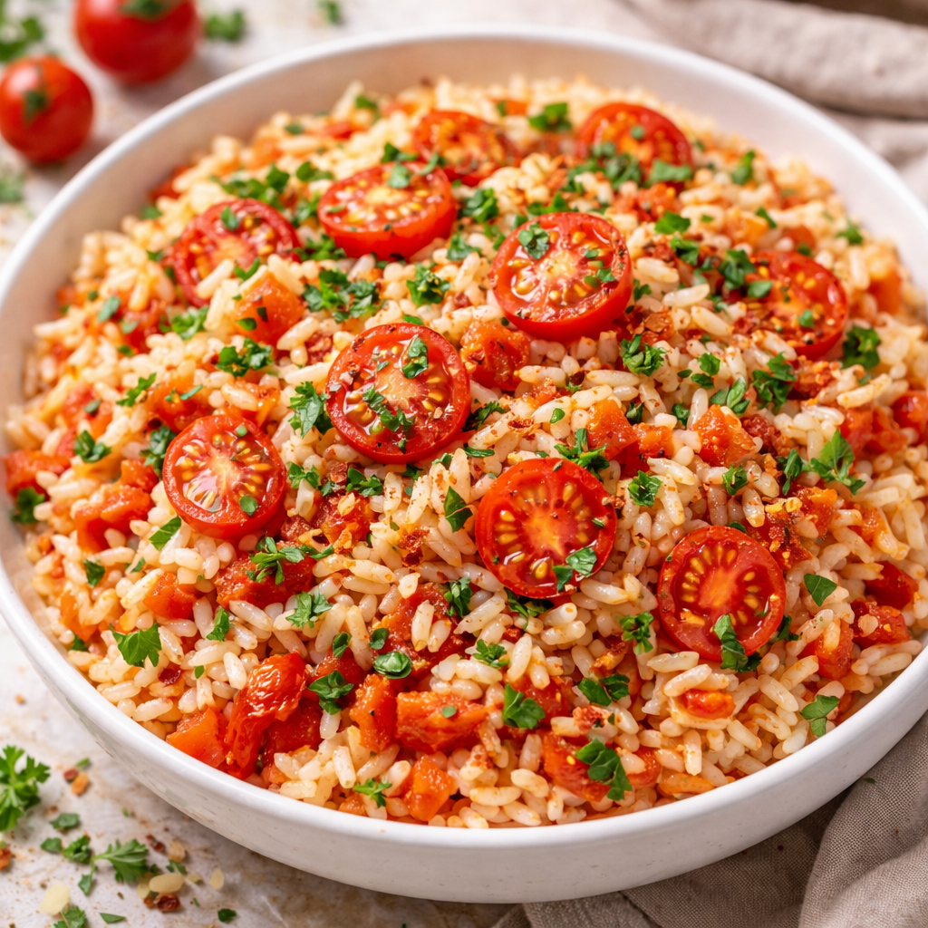 Reis mit Tomaten in einer Pfanne serviert, verfeinert mit Kräutern und leichter Würze.
