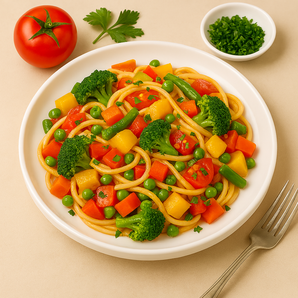 Bunte Gemüse‑Nudel‑Pfanne mit frischem Gemüse und gebratenen Nudeln in einer Pfanne serviert.