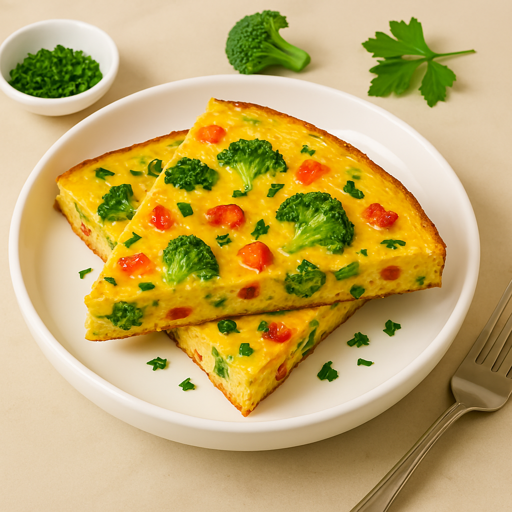 Bunte Gemüse‑Frittata mit Zucchini, Paprika und Eiern in einer Pfanne serviert.