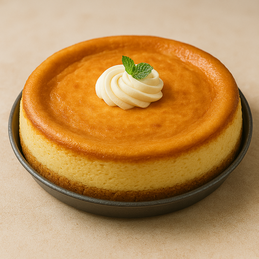 „Klassischer Käsekuchen mit goldgelber Oberfläche und glatter Struktur, serviert in einer runden Backform auf hellem Untergrund.“