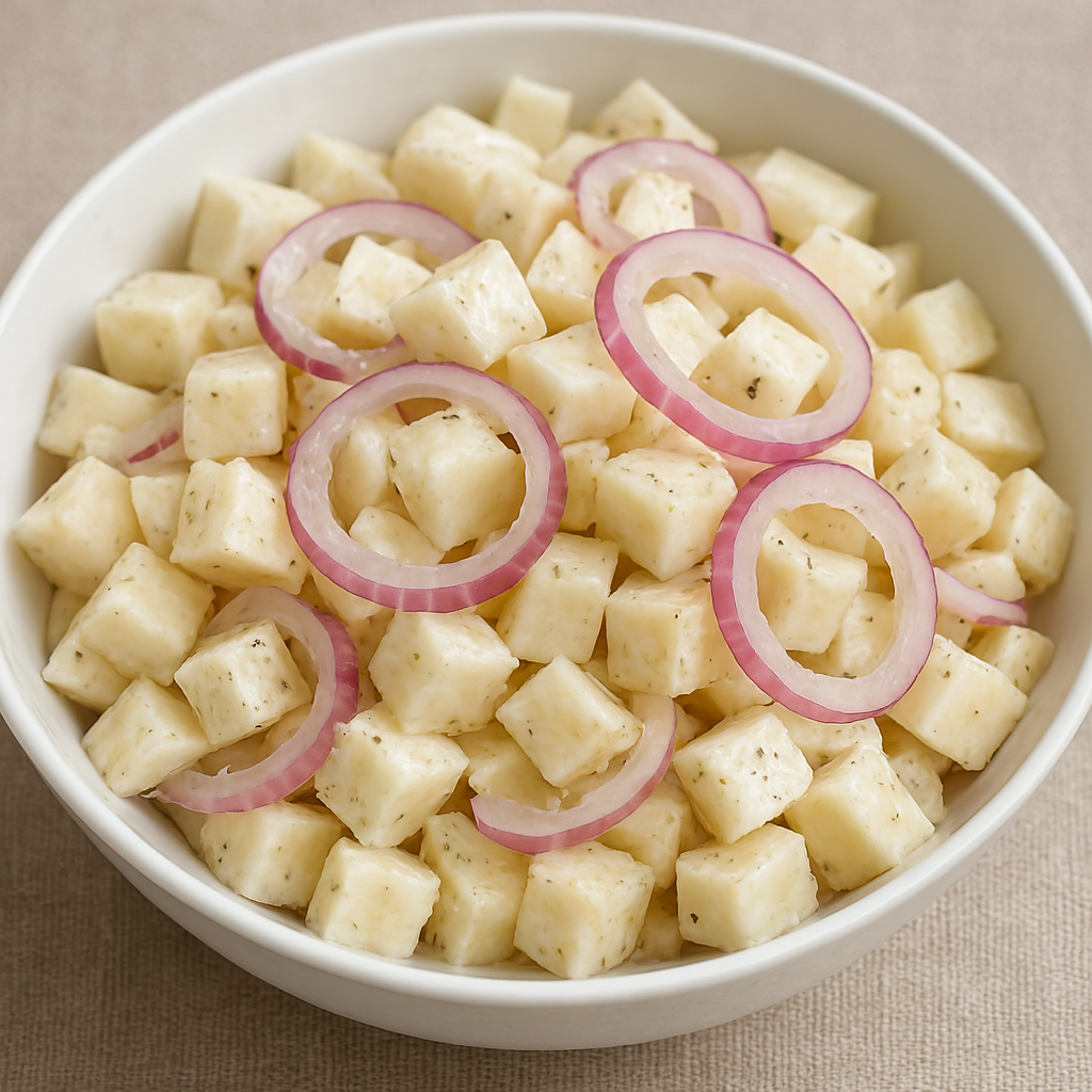 Klassischer Selleriesalat aus Sellerieknolle mit Zwiebeln, Essig und Öl in weißer Schale.