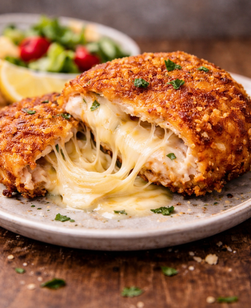 Knusprig paniertes, mit Käse gefülltes Hähnchenbrustfilet, aufgeschnitten mit geschmolzenem Käse, serviert auf einem Teller mit Petersilie und Salat im Hintergrund.