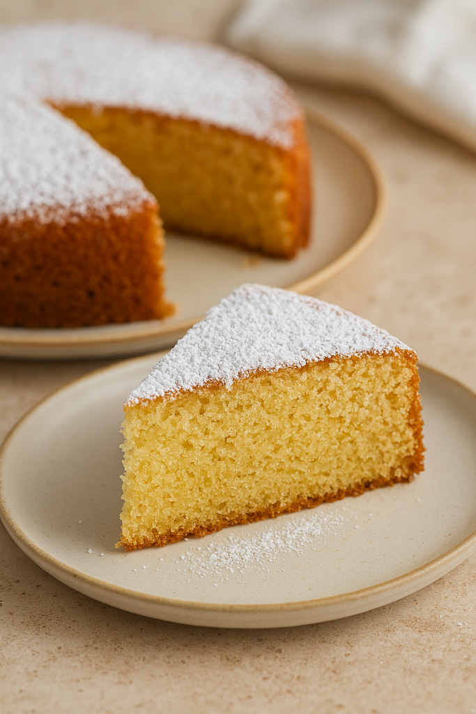 Ein saftiger, goldgelber Zitronenkuchen auf einem hellen Teller, leicht glasiert, mit frischen Zitronenscheiben daneben – cleanes Setting, natürliches Licht.